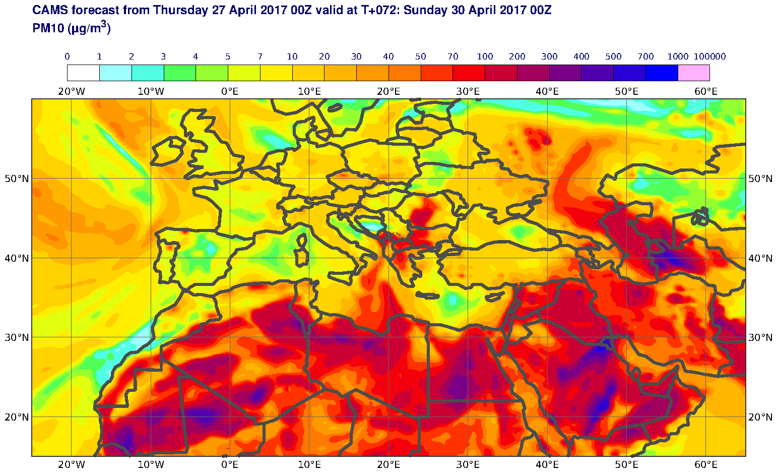 PM10 (μg/m3) valid at T72 - 2017-04-30 00:00