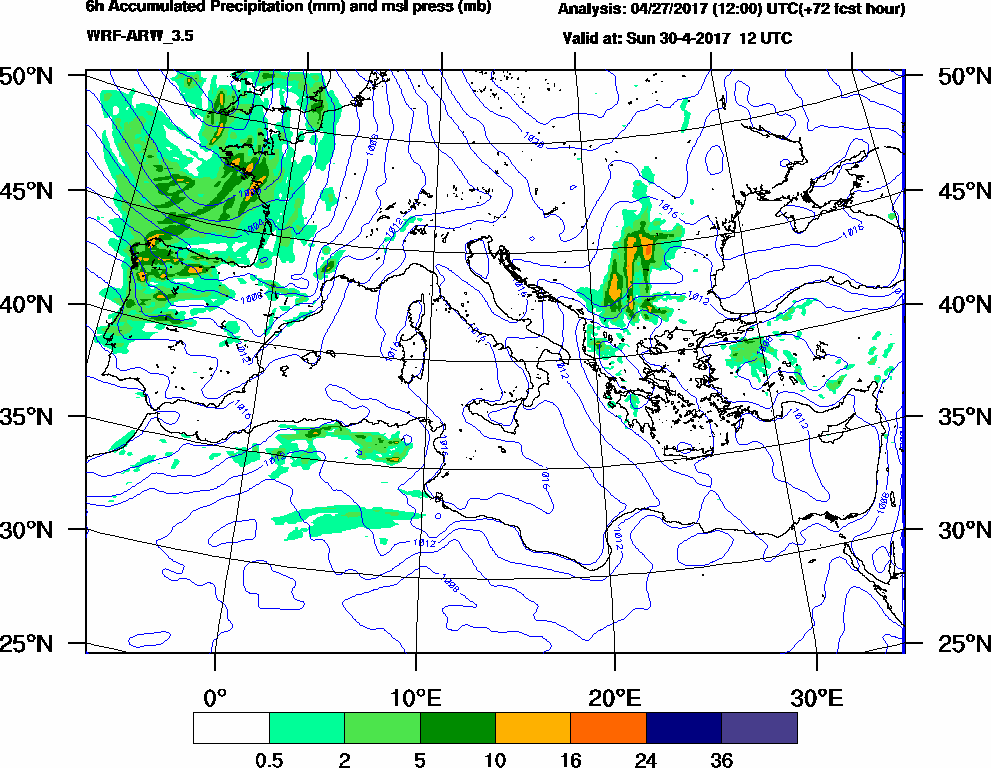 6h Accumulated Precipitation (mm) and msl press (mb) - 2017-04-30 06:00