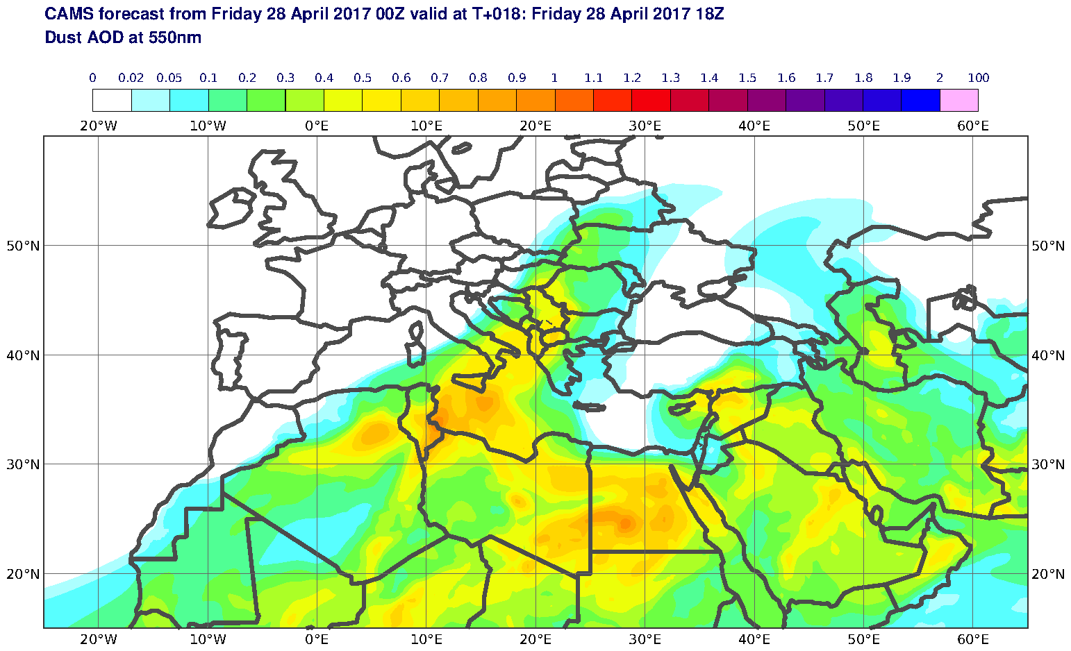 Dust AOD at 550nm valid at T18 - 2017-04-28 18:00