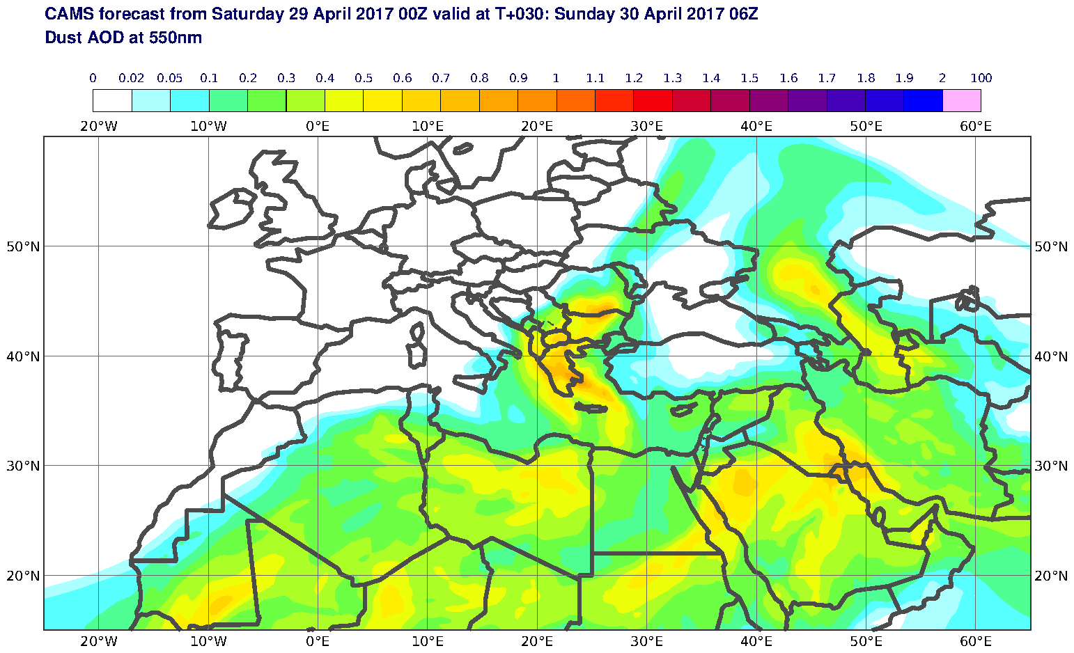 Dust AOD at 550nm valid at T30 - 2017-04-30 06:00