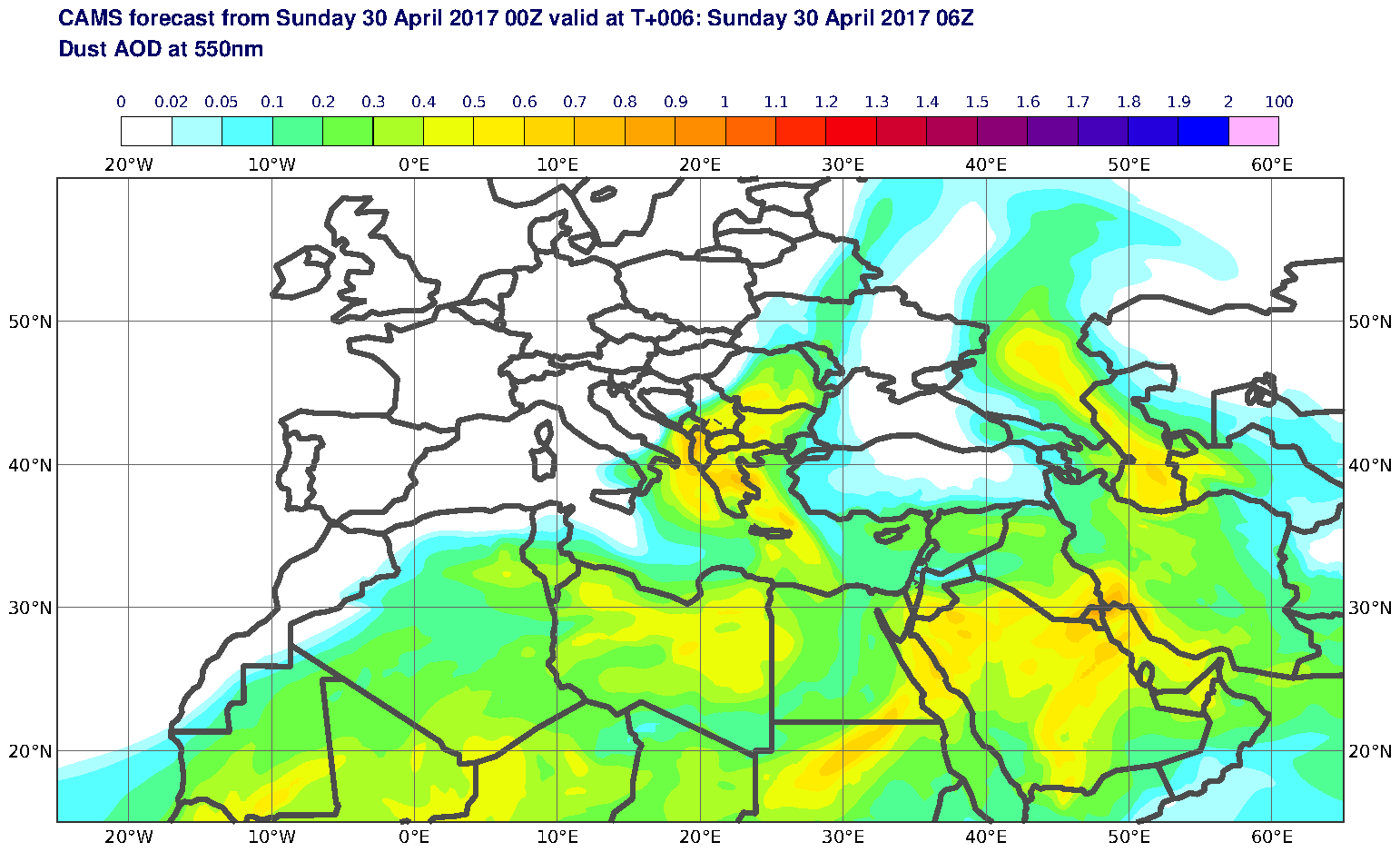 Dust AOD at 550nm valid at T6 - 2017-04-30 06:00