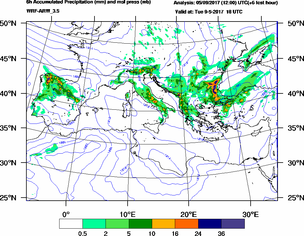 6h Accumulated Precipitation (mm) and msl press (mb) - 2017-05-09 12:00