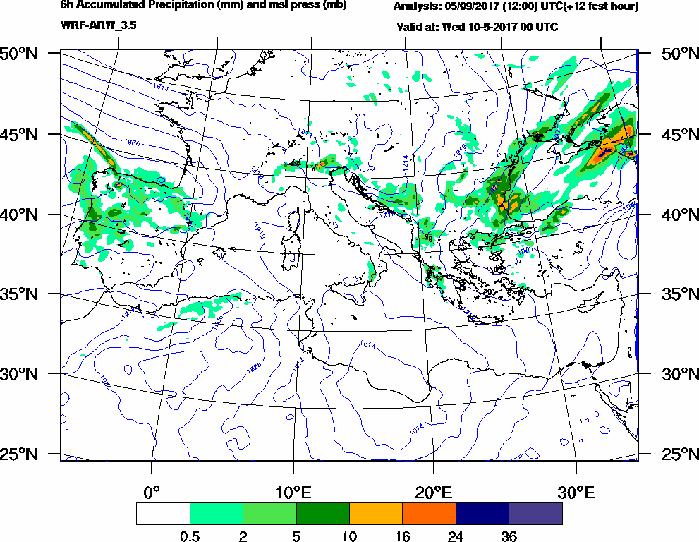 6h Accumulated Precipitation (mm) and msl press (mb) - 2017-05-09 18:00