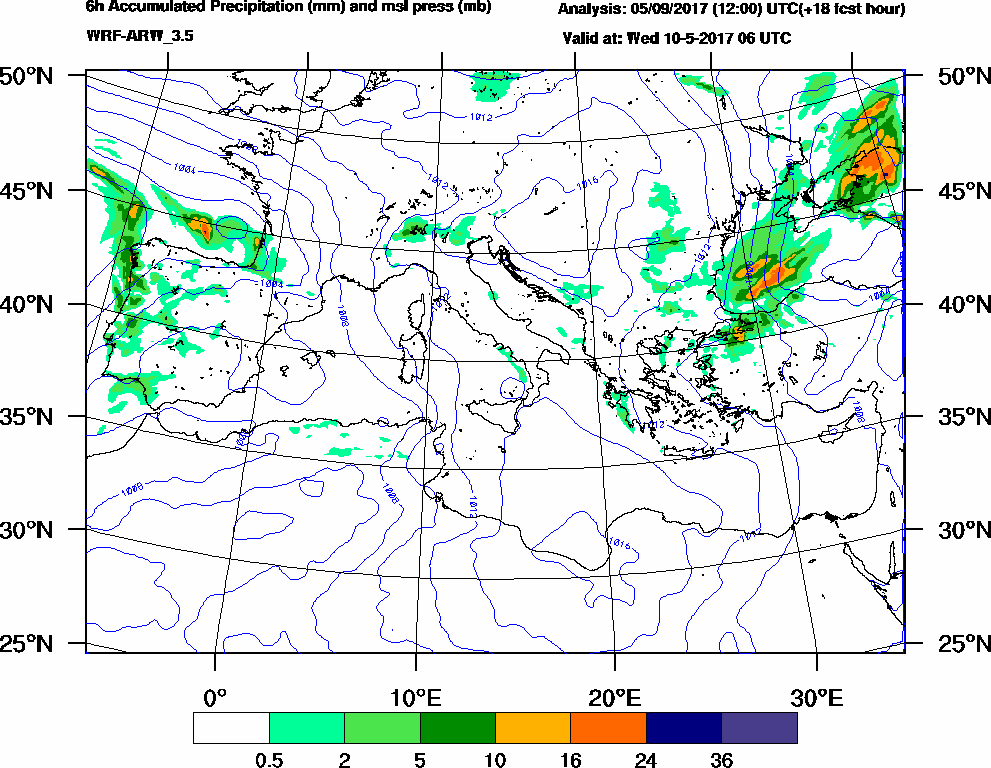 6h Accumulated Precipitation (mm) and msl press (mb) - 2017-05-10 00:00