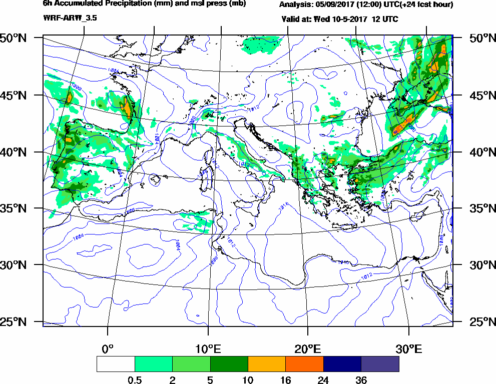 6h Accumulated Precipitation (mm) and msl press (mb) - 2017-05-10 06:00