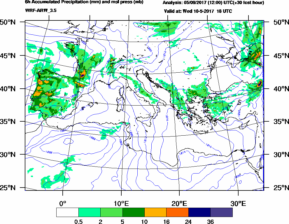 6h Accumulated Precipitation (mm) and msl press (mb) - 2017-05-10 12:00