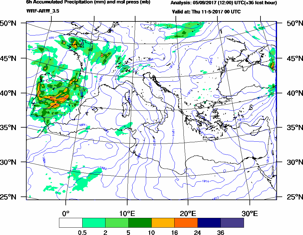 6h Accumulated Precipitation (mm) and msl press (mb) - 2017-05-10 18:00