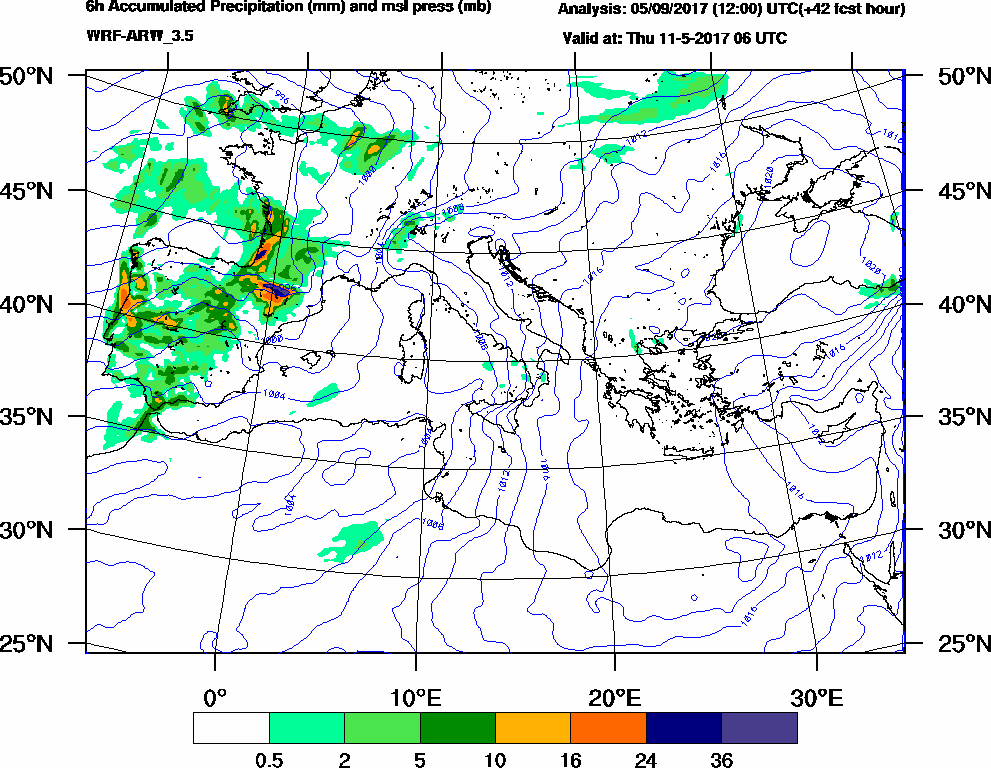 6h Accumulated Precipitation (mm) and msl press (mb) - 2017-05-11 00:00