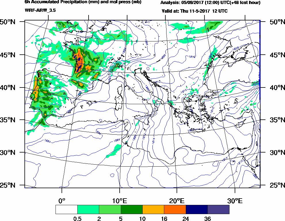 6h Accumulated Precipitation (mm) and msl press (mb) - 2017-05-11 06:00