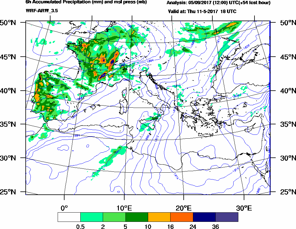 6h Accumulated Precipitation (mm) and msl press (mb) - 2017-05-11 12:00