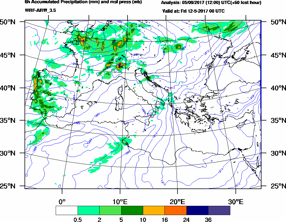 6h Accumulated Precipitation (mm) and msl press (mb) - 2017-05-11 18:00