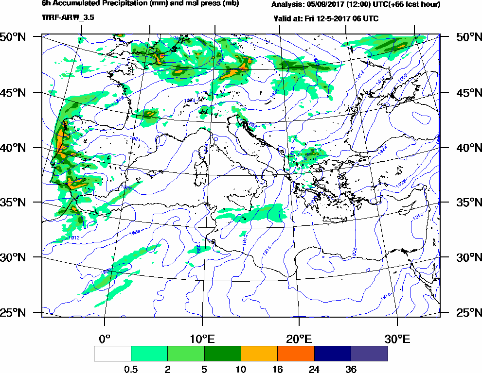 6h Accumulated Precipitation (mm) and msl press (mb) - 2017-05-12 00:00