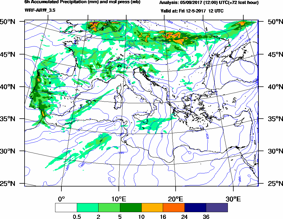 6h Accumulated Precipitation (mm) and msl press (mb) - 2017-05-12 06:00