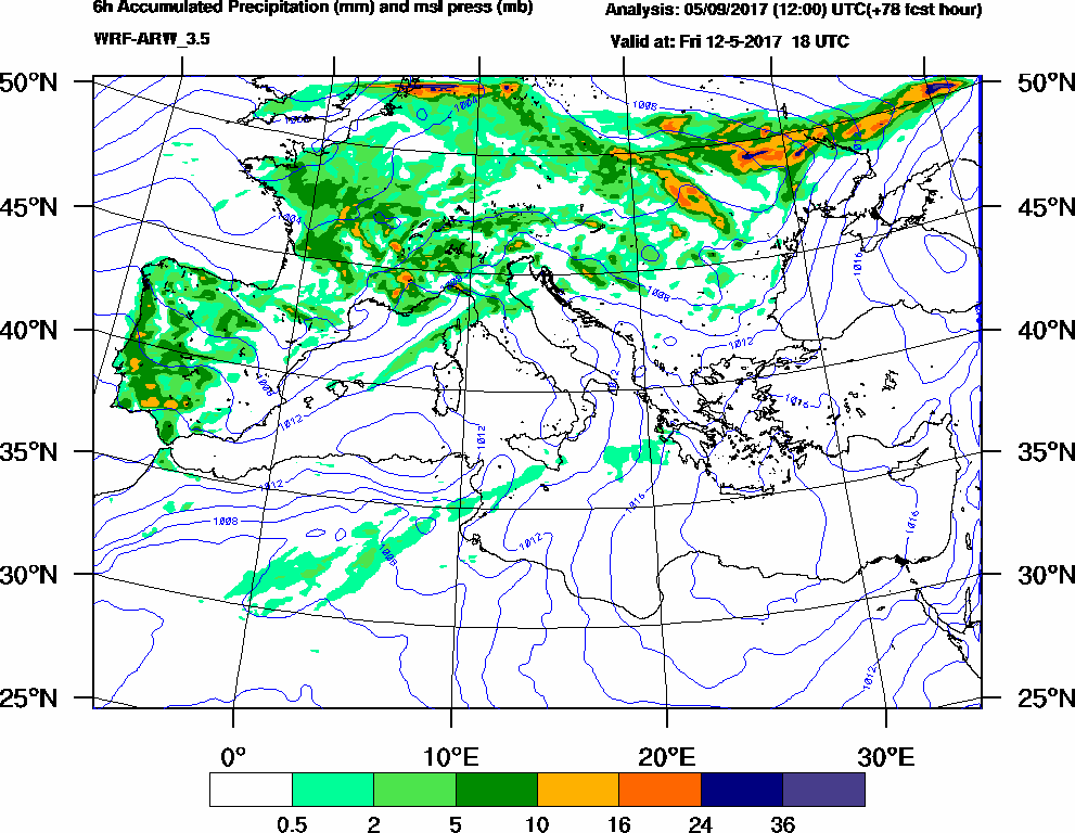 6h Accumulated Precipitation (mm) and msl press (mb) - 2017-05-12 12:00