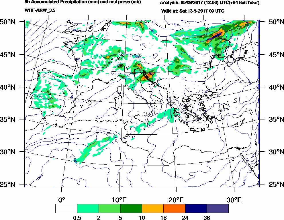 6h Accumulated Precipitation (mm) and msl press (mb) - 2017-05-12 18:00