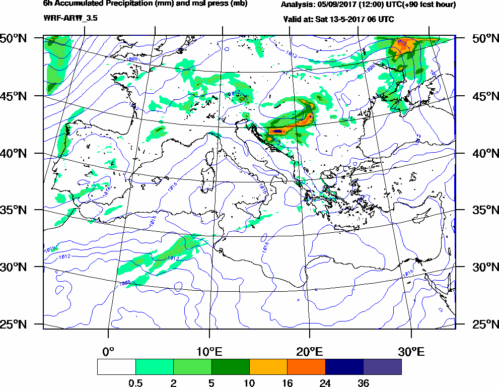 6h Accumulated Precipitation (mm) and msl press (mb) - 2017-05-13 00:00