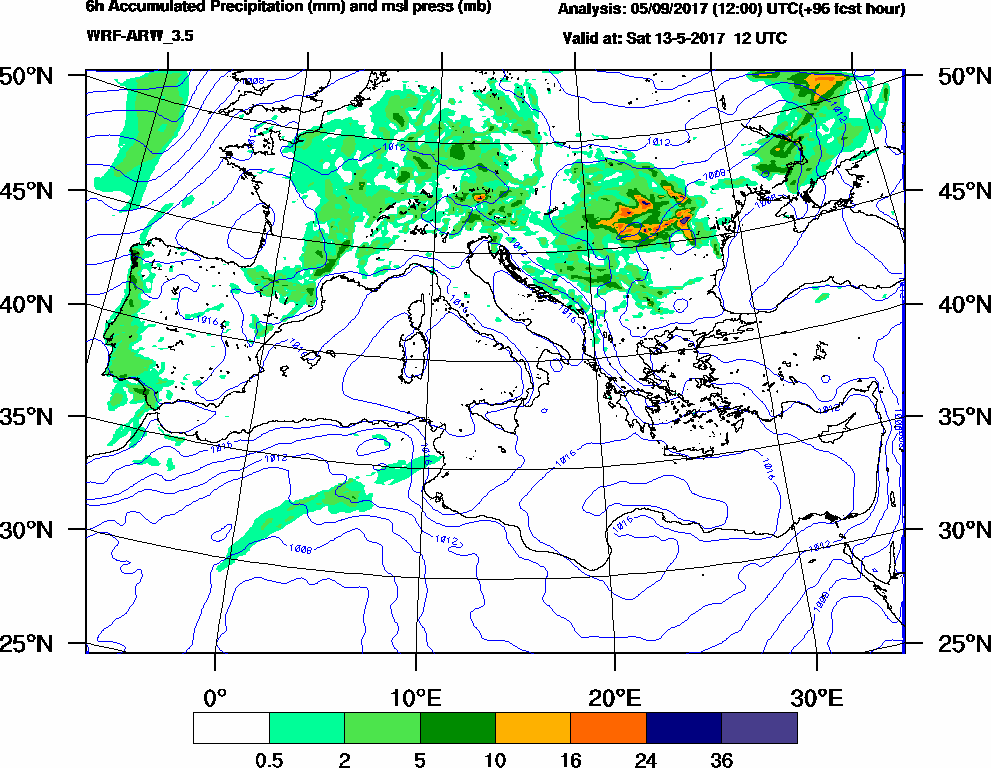 6h Accumulated Precipitation (mm) and msl press (mb) - 2017-05-13 06:00