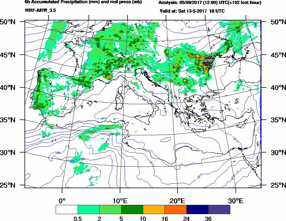 6h Accumulated Precipitation (mm) and msl press (mb) - 2017-05-13 12:00