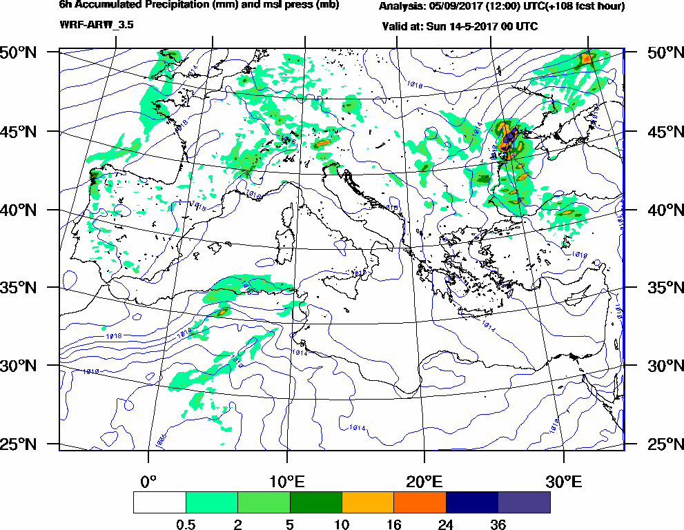 6h Accumulated Precipitation (mm) and msl press (mb) - 2017-05-13 18:00