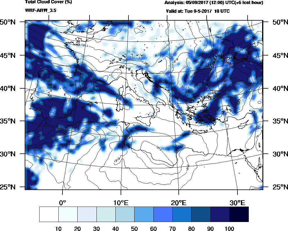 Total cloud cover (%) - 2017-05-09 12:00