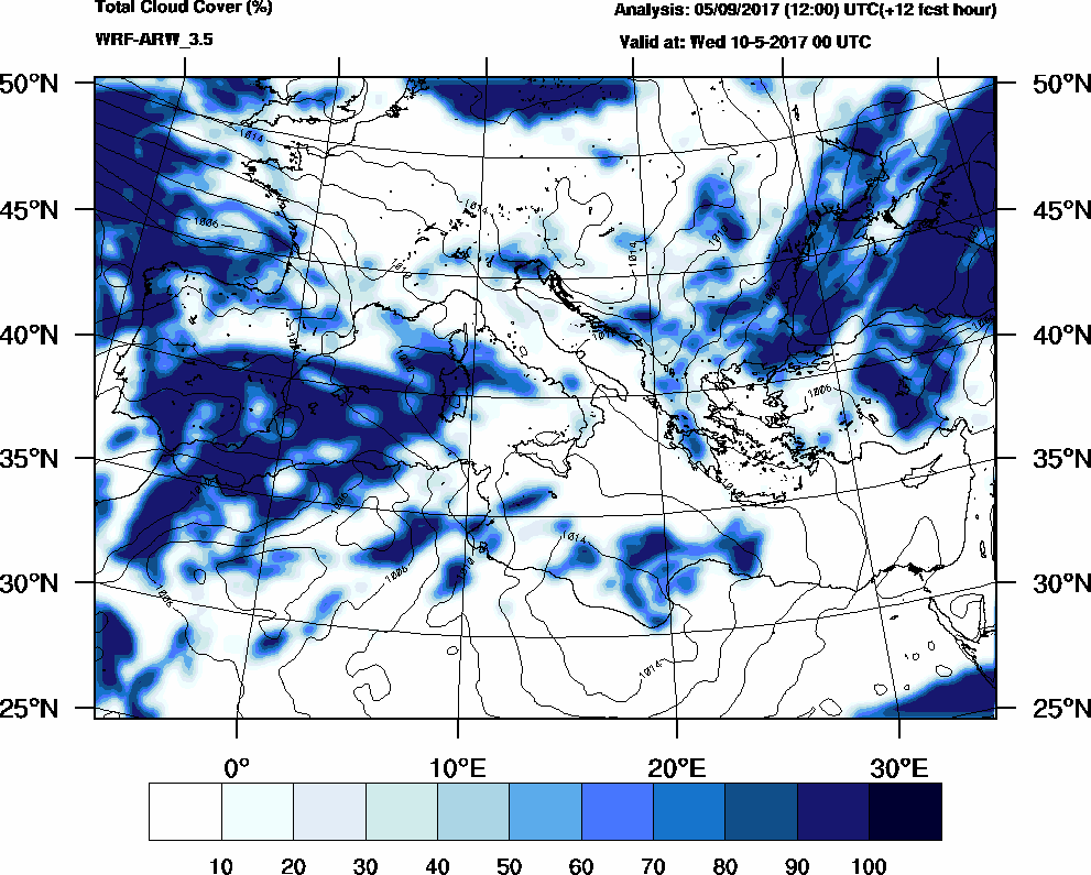 Total cloud cover (%) - 2017-05-09 18:00