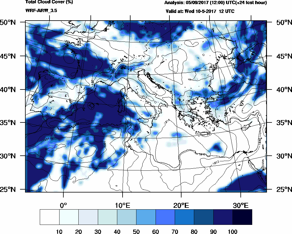 Total cloud cover (%) - 2017-05-10 06:00