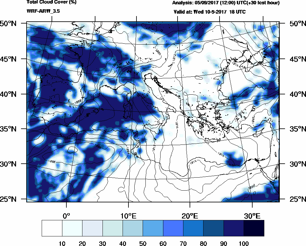 Total cloud cover (%) - 2017-05-10 12:00