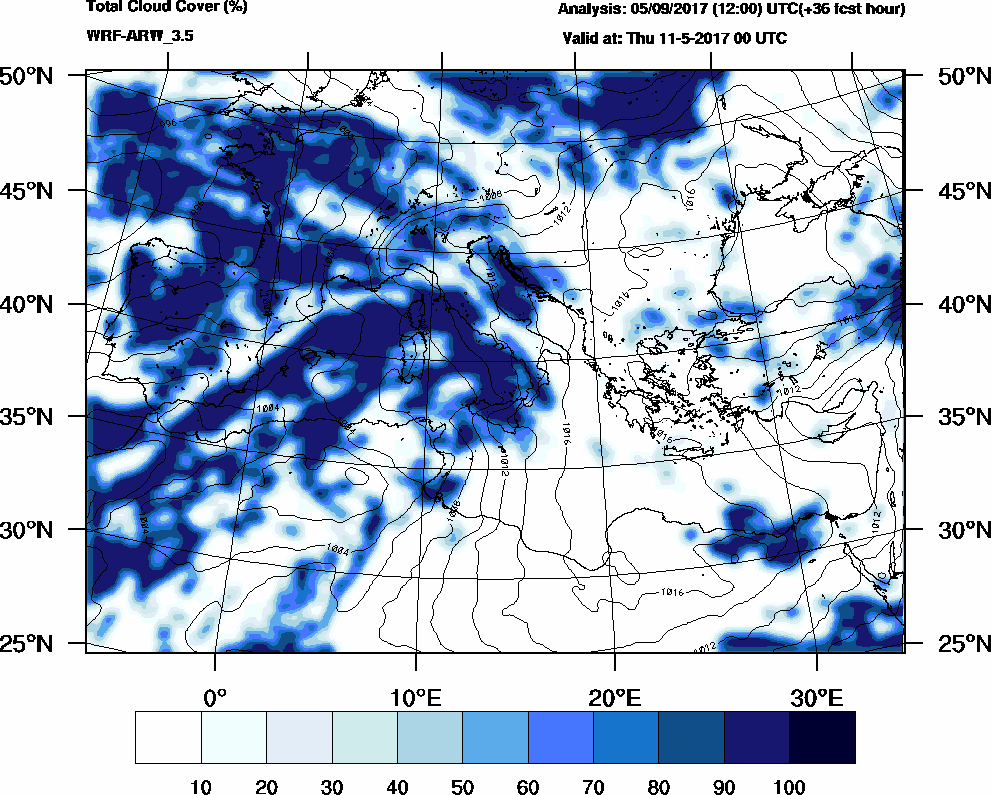 Total cloud cover (%) - 2017-05-10 18:00