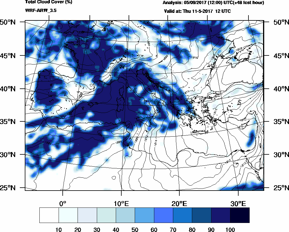 Total cloud cover (%) - 2017-05-11 06:00