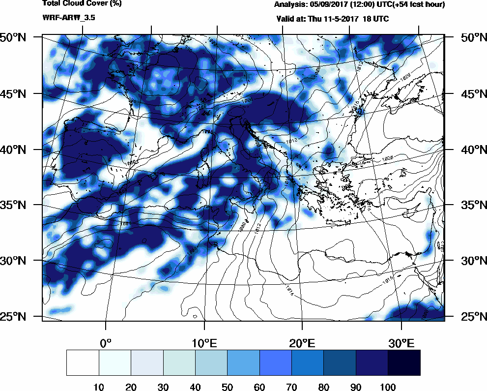 Total cloud cover (%) - 2017-05-11 12:00