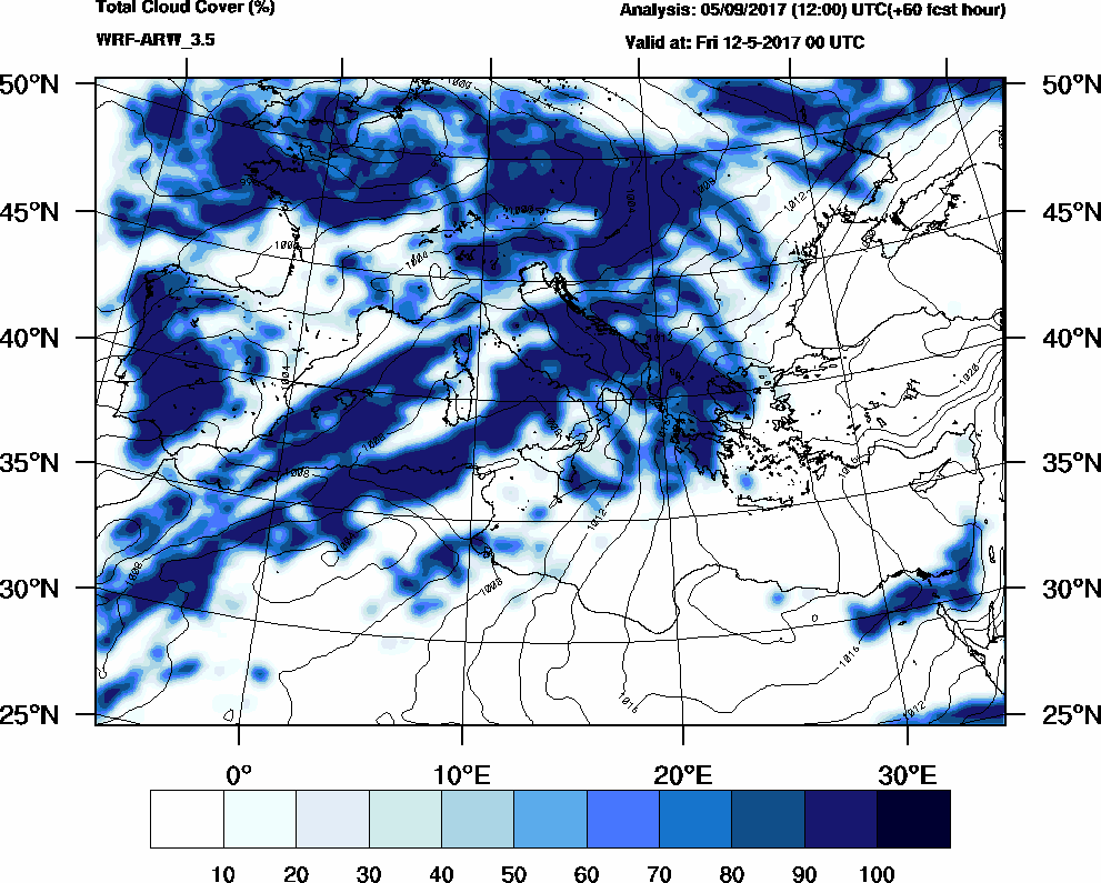 Total cloud cover (%) - 2017-05-11 18:00