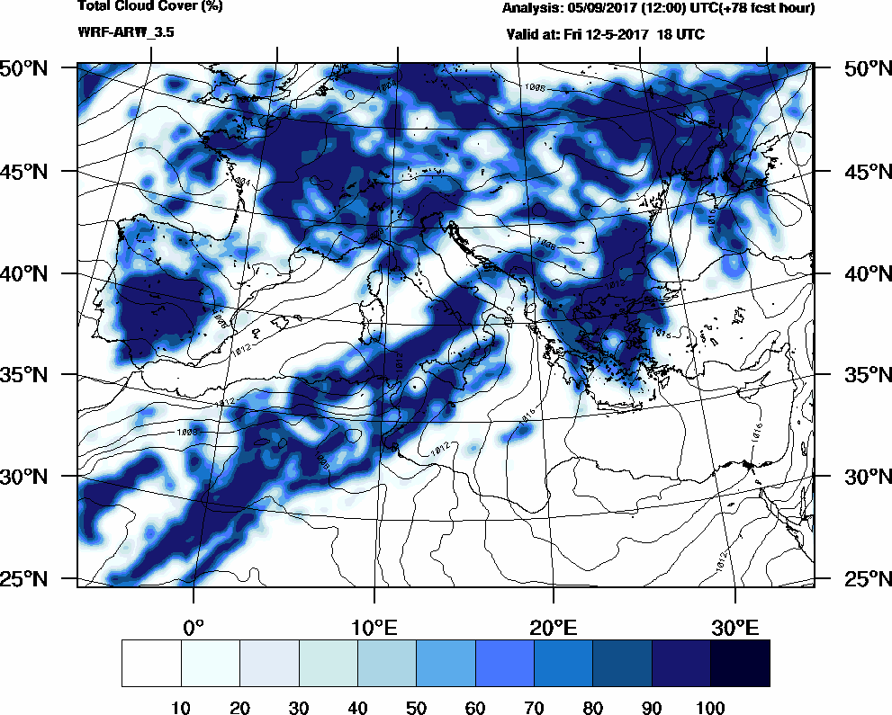Total cloud cover (%) - 2017-05-12 12:00
