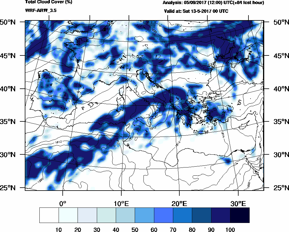 Total cloud cover (%) - 2017-05-12 18:00