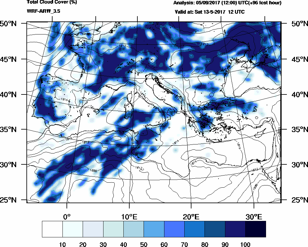 Total cloud cover (%) - 2017-05-13 06:00