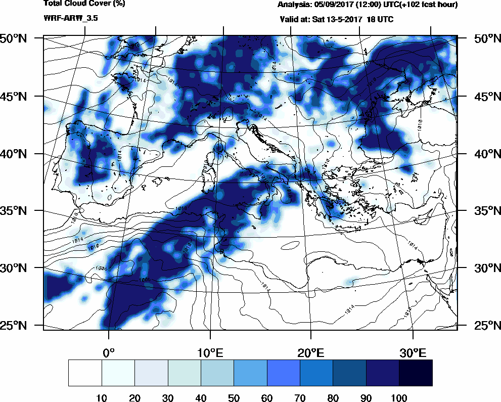 Total cloud cover (%) - 2017-05-13 12:00