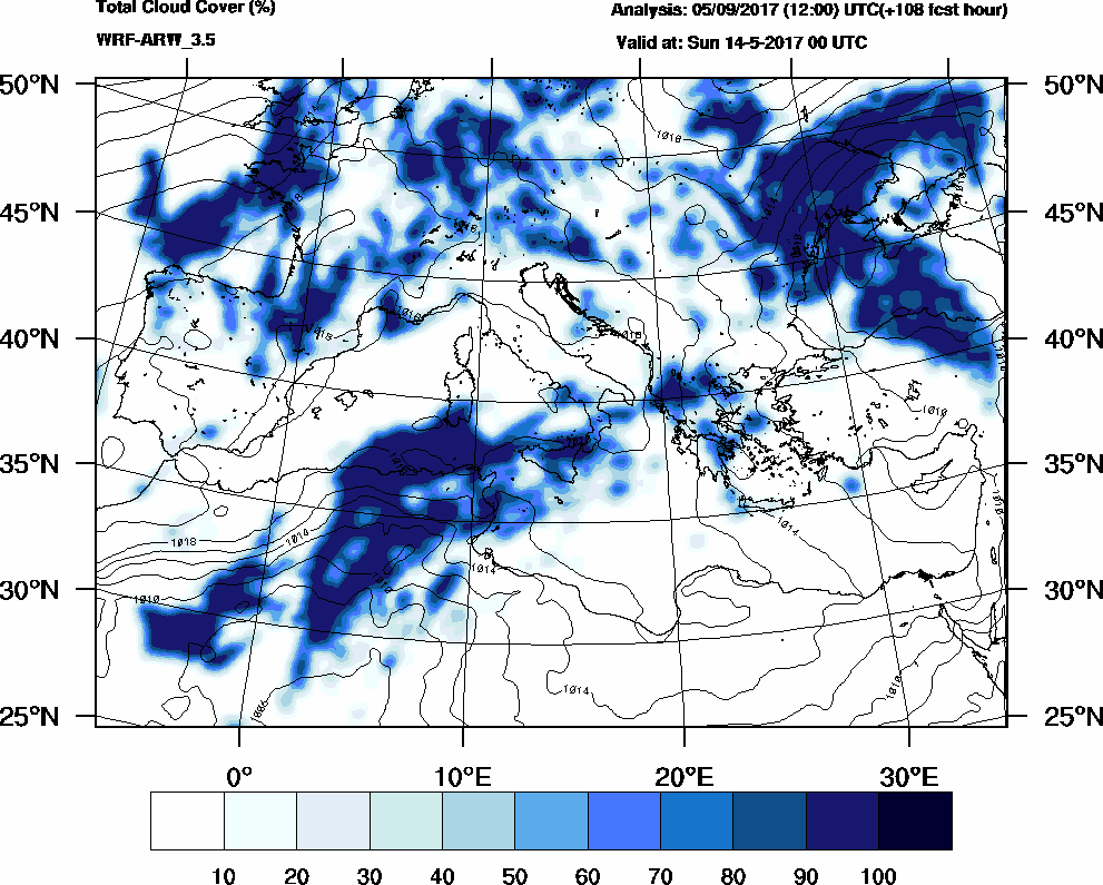 Total cloud cover (%) - 2017-05-13 18:00