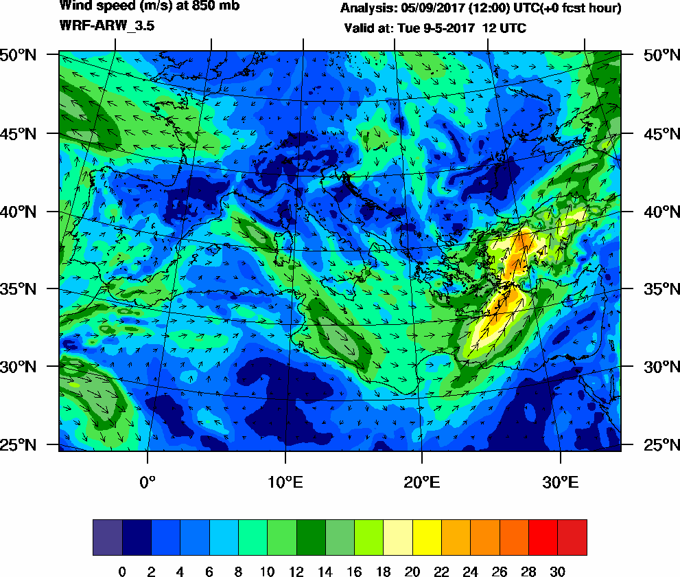 Wind speed (m/s) at 850 mb - 2017-05-09 12:00