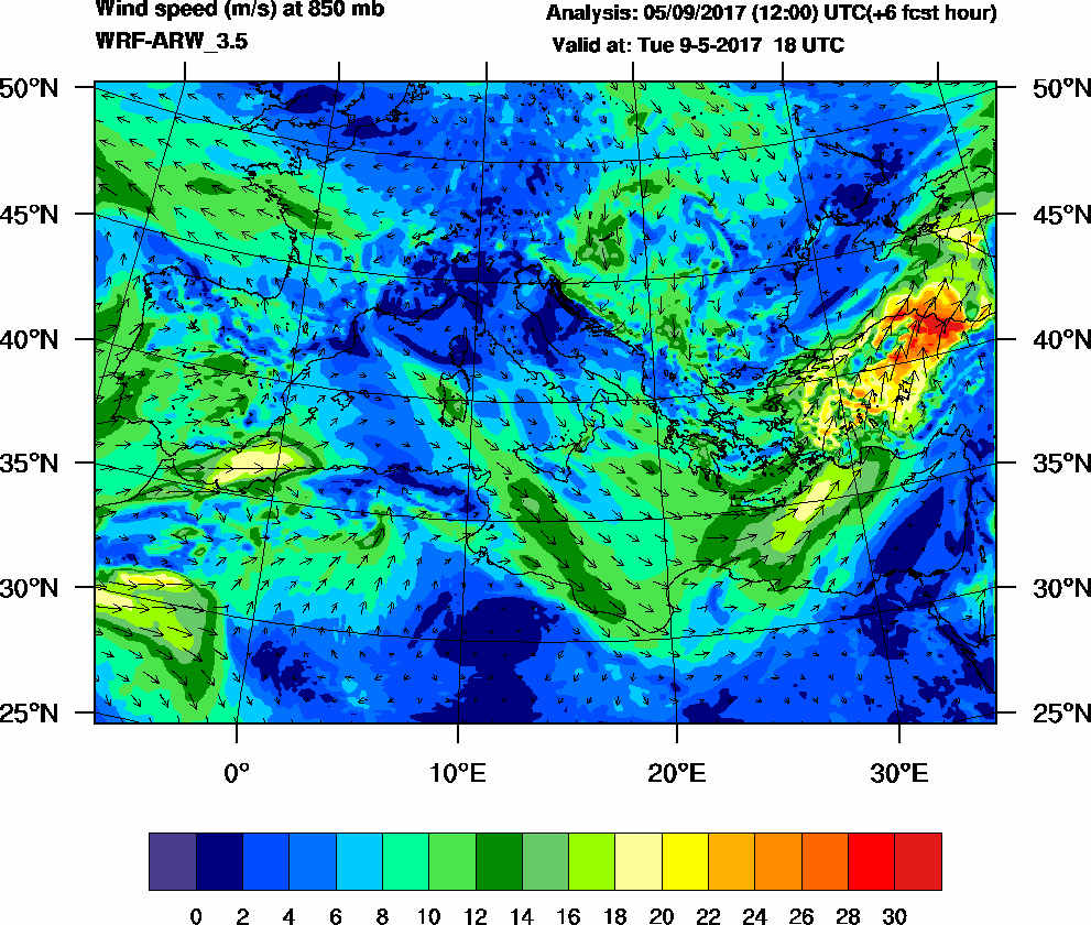 Wind speed (m/s) at 850 mb - 2017-05-09 18:00