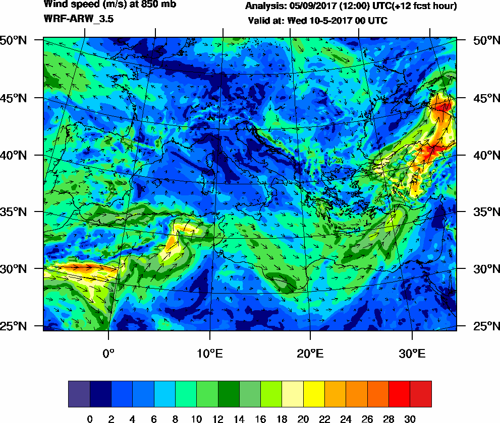 Wind speed (m/s) at 850 mb - 2017-05-10 00:00