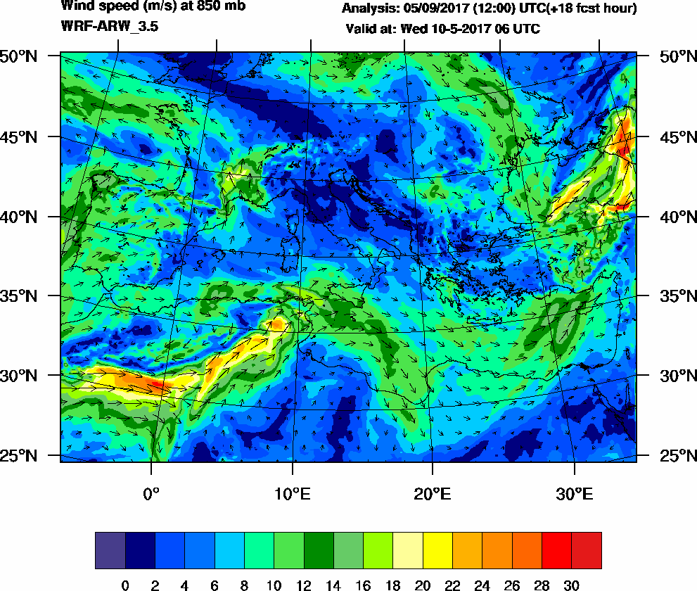 Wind speed (m/s) at 850 mb - 2017-05-10 06:00