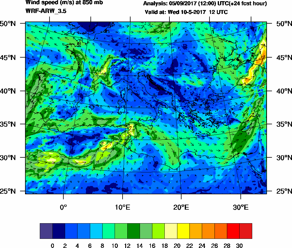 Wind speed (m/s) at 850 mb - 2017-05-10 12:00