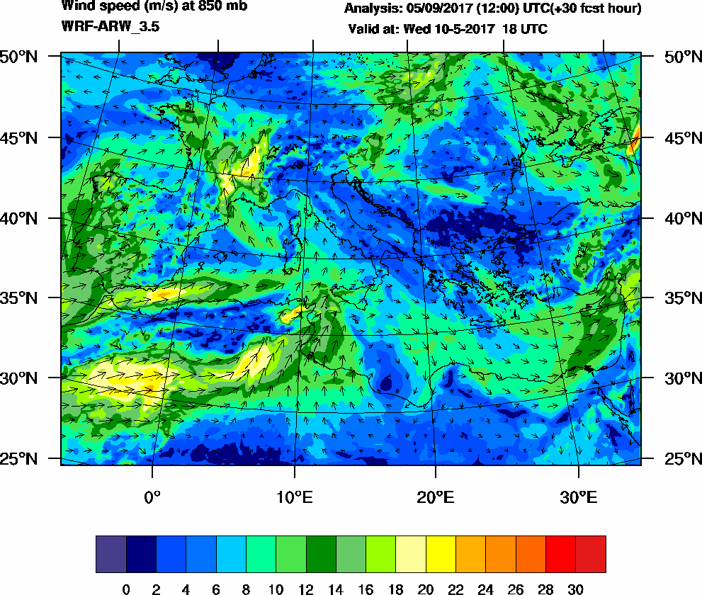 Wind speed (m/s) at 850 mb - 2017-05-10 18:00