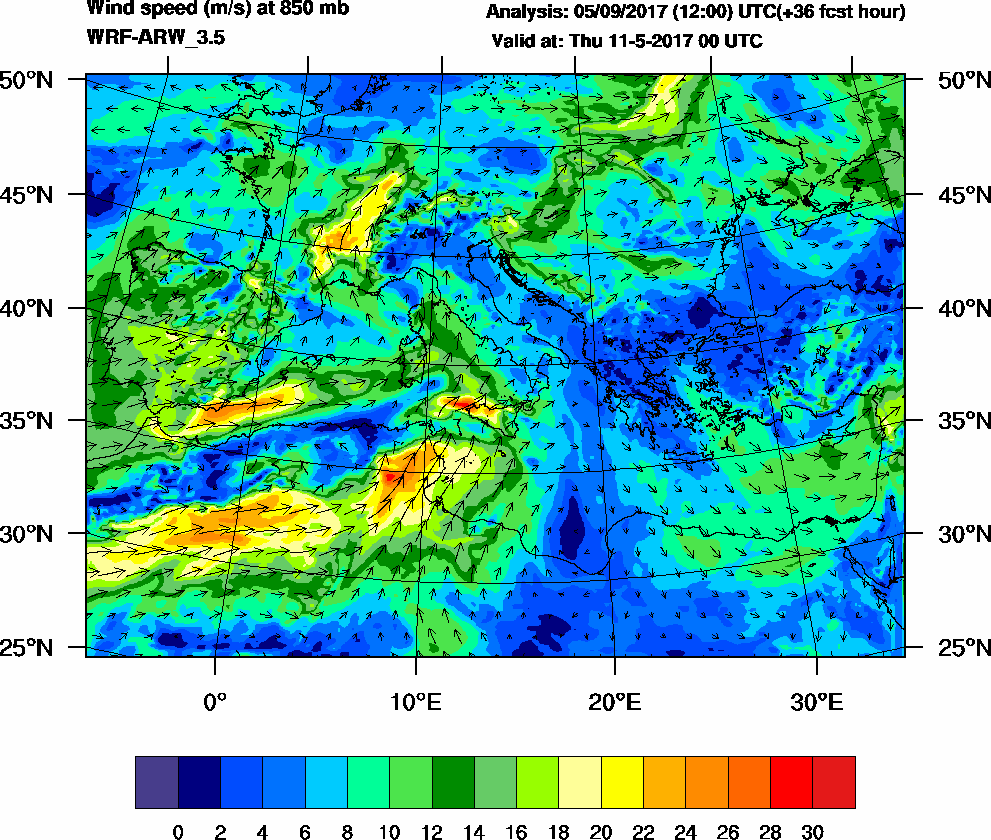 Wind speed (m/s) at 850 mb - 2017-05-11 00:00