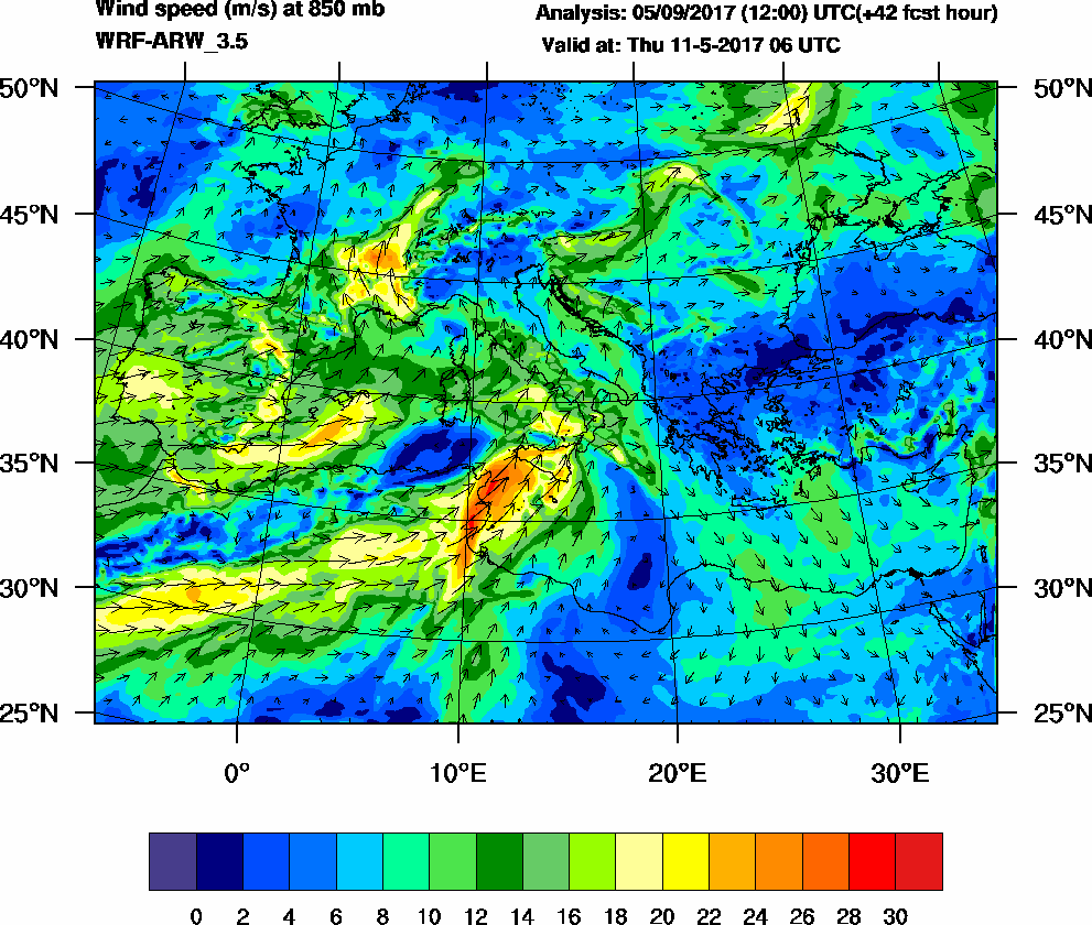 Wind speed (m/s) at 850 mb - 2017-05-11 06:00