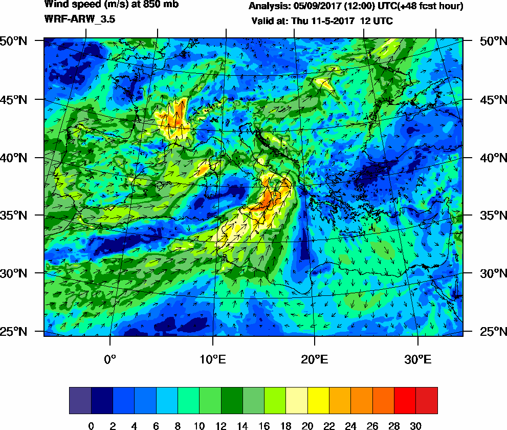 Wind speed (m/s) at 850 mb - 2017-05-11 12:00