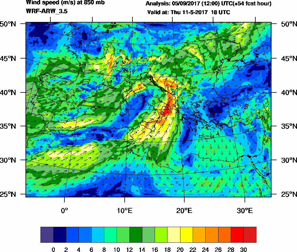 Wind speed (m/s) at 850 mb - 2017-05-11 18:00