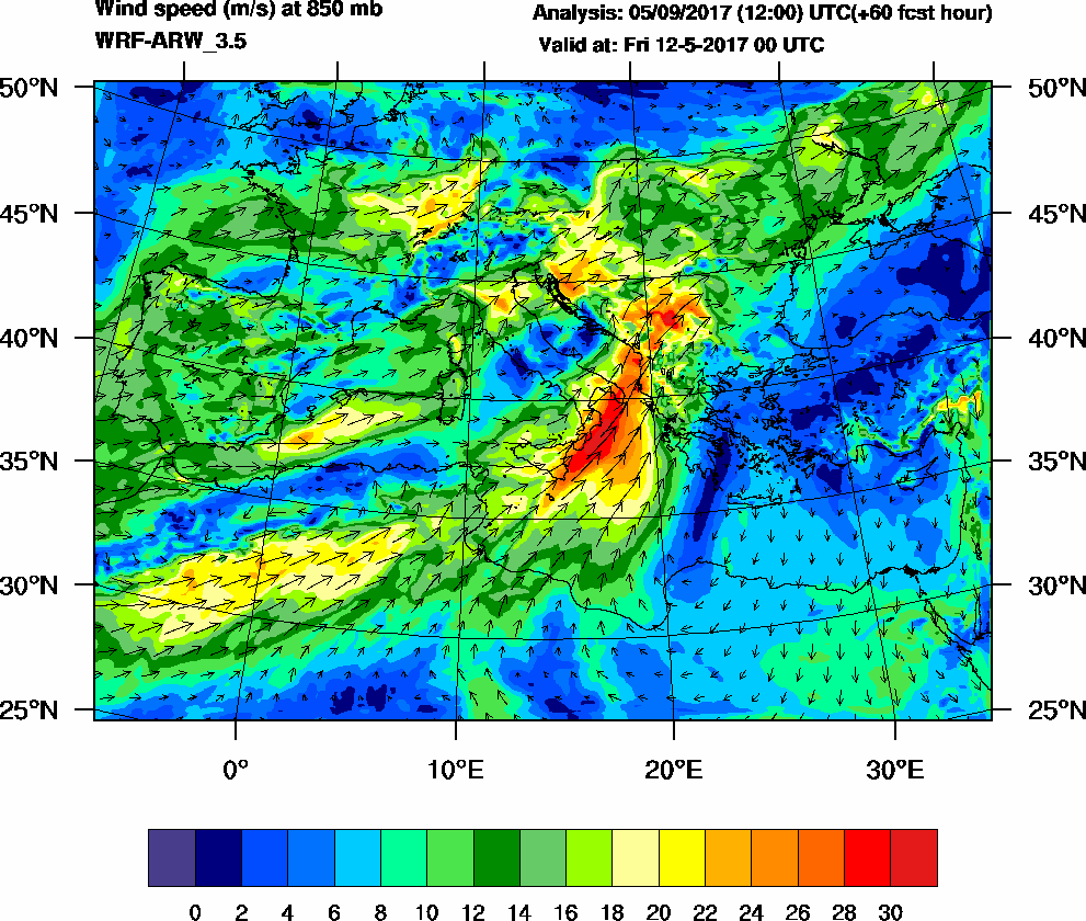 Wind speed (m/s) at 850 mb - 2017-05-12 00:00