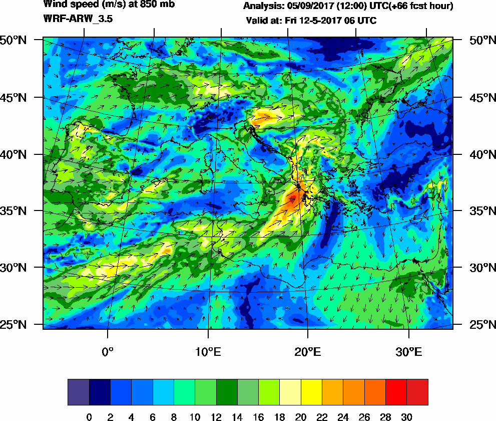 Wind speed (m/s) at 850 mb - 2017-05-12 06:00