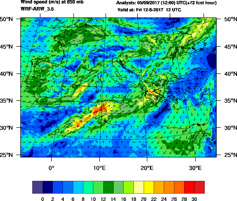 Wind speed (m/s) at 850 mb - 2017-05-12 12:00