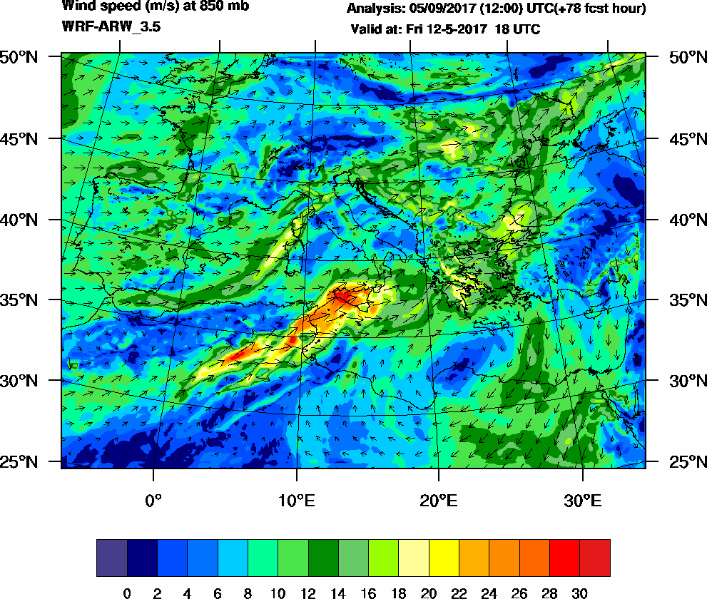 Wind speed (m/s) at 850 mb - 2017-05-12 18:00